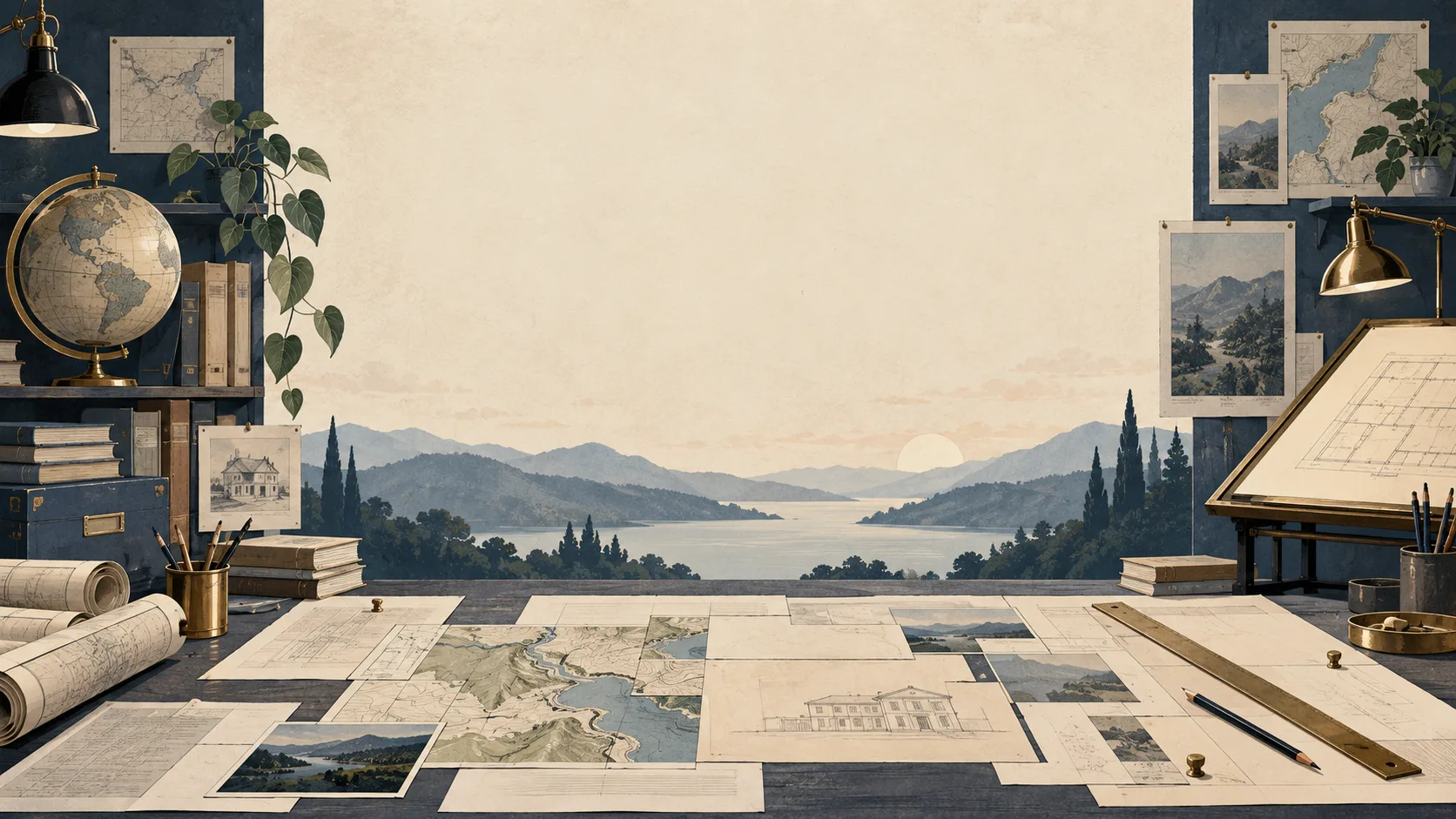 Illustration of property maps and research materials being assembled