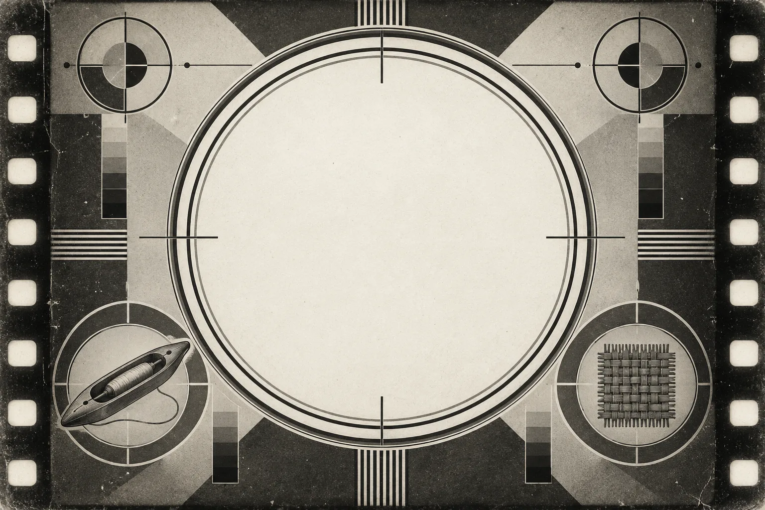 Vintage film-reel test-card illustration with a loom shuttle and woven-fabric motif